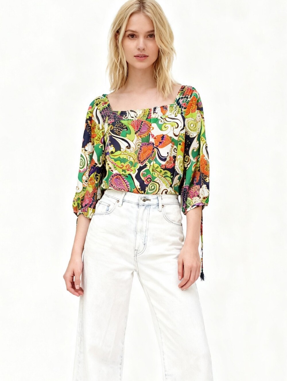 Trina Turk Silk Square-Neck Blouse Size S